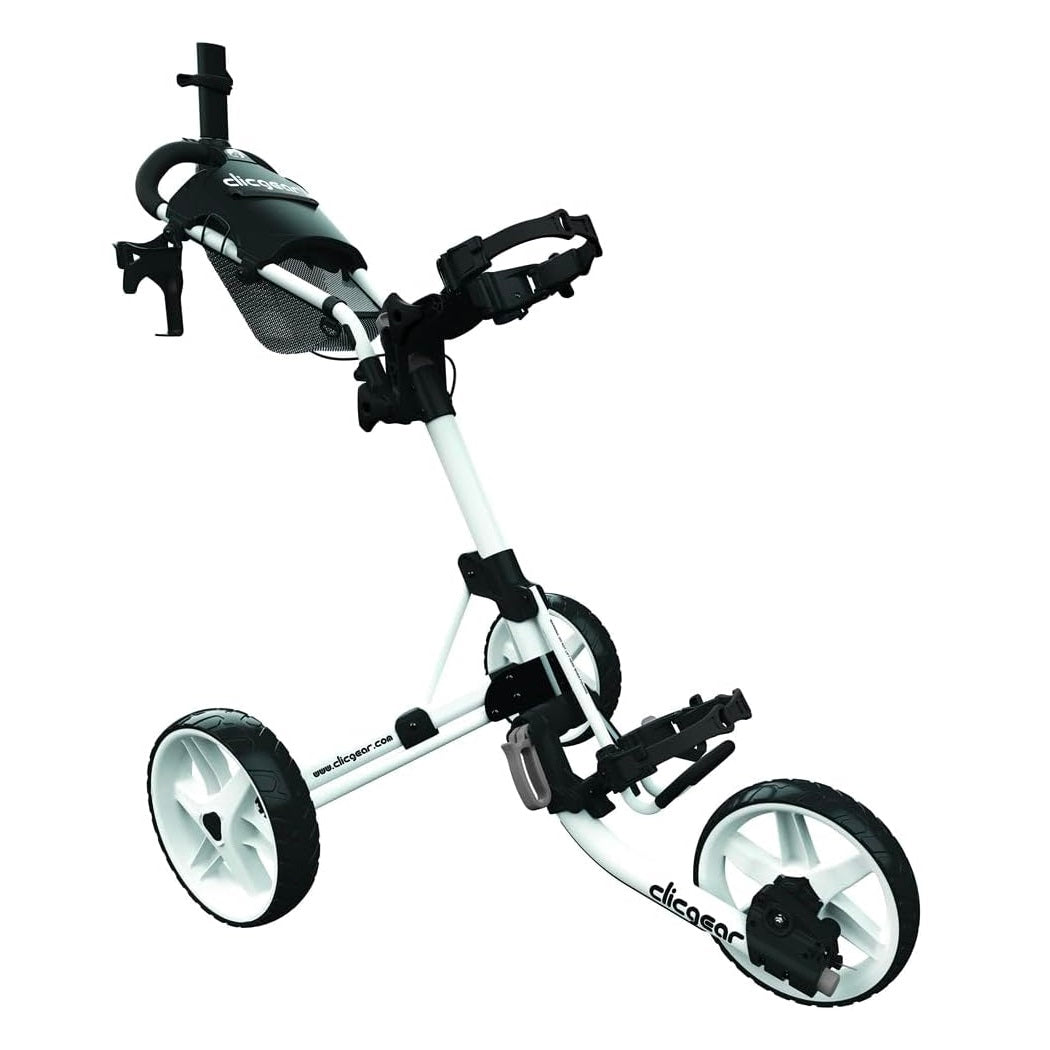 White Clicgear 4.0 3-Wheel Push Golf Trolley unfolded