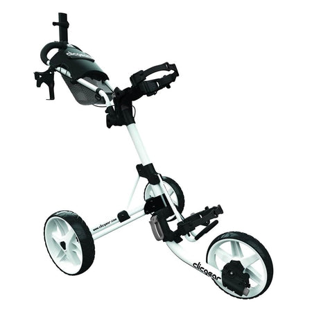 White Clicgear 4.0 3-Wheel Push Golf Trolley unfolded