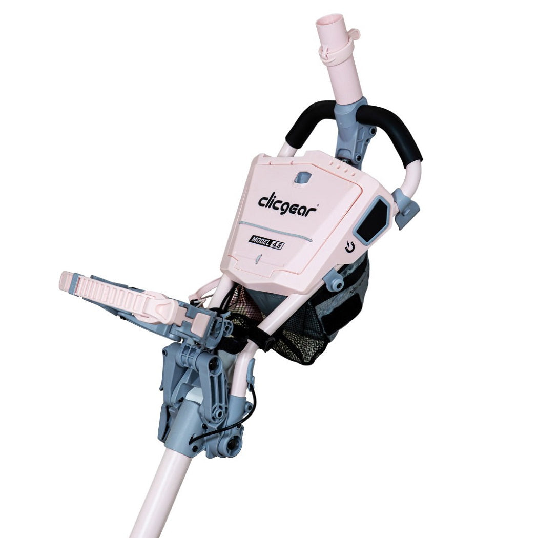 Close-up of the Clicgear 4.5 console lid and mesh basket in Pink