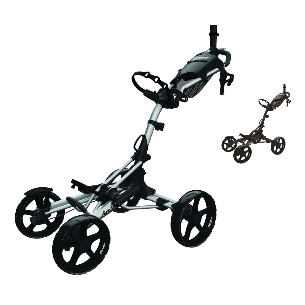 Clicgear 8.0+ four-wheel push golf trolley in Silver and Black