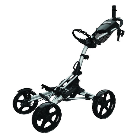 Clicgear 8.0+ Silver push golf trolley unfolded, front three-quarter view