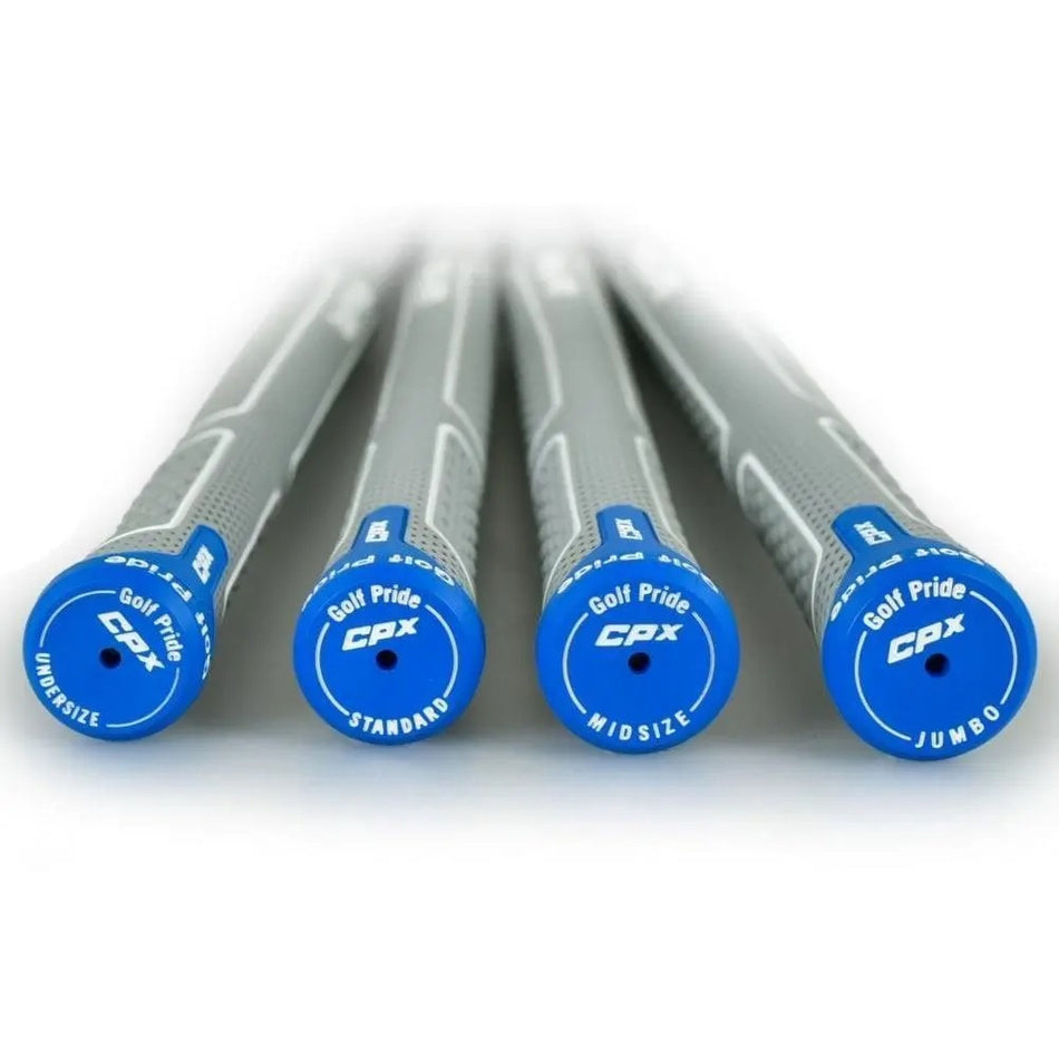 Golf Club Grip Golf Pride CPX - Grey/Blue - showing the four sizes available 