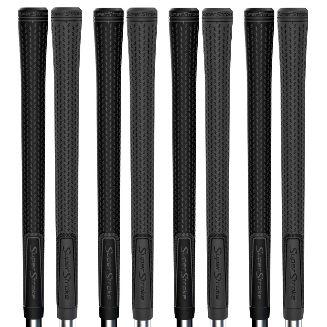 SuperStroke Crossline 2.0 Golfg gGrips in black and grey, showing all four sizes: standard, midsize, jumbo and undersize