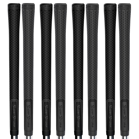 SuperStroke Crossline 2.0 Golfg gGrips in black and grey, showing all four sizes: standard, midsize, jumbo and undersize