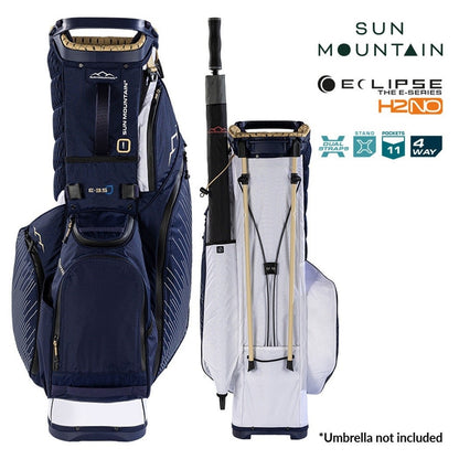 Sun Mountain Eclipse E3.5 4-Way Carry/Stand Golf Bag - White/Navy/Gold - front and rear views