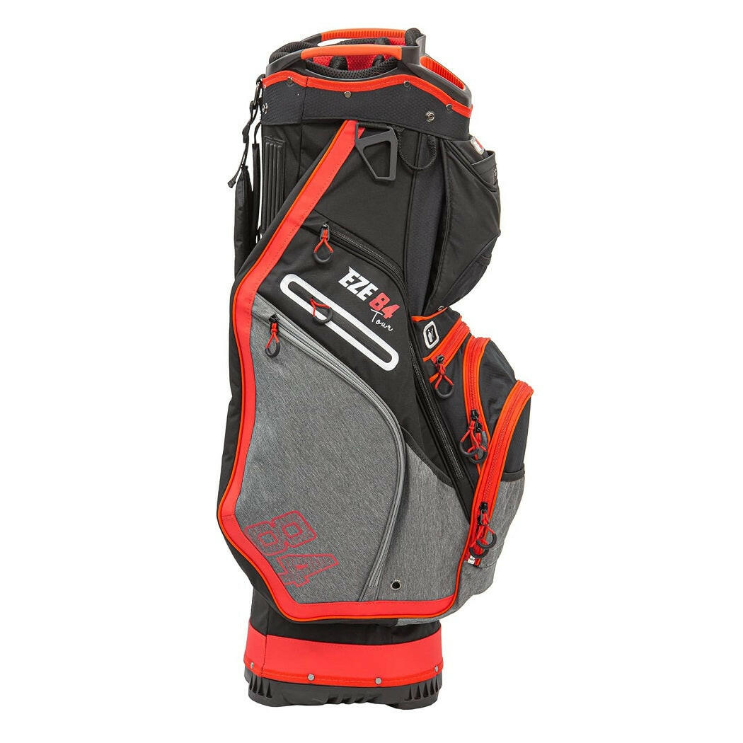 Ezeglide Eze84 Tour Cart Bag (Grey/Red) - side view, showing its storage pockets and strap 