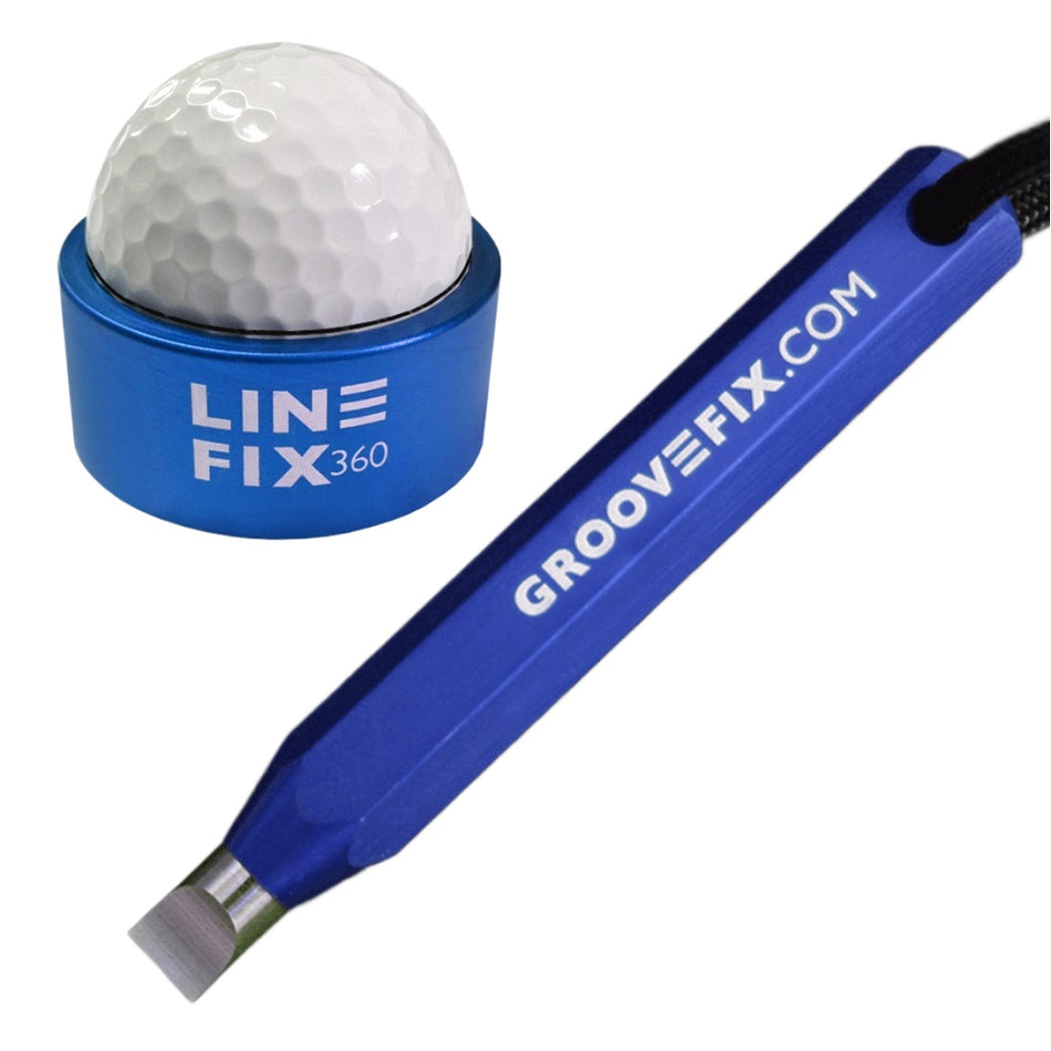 GrooveFix Groove Tool and Line Fix 360 Ball Marker Bundle Blue Golf Accessory Set