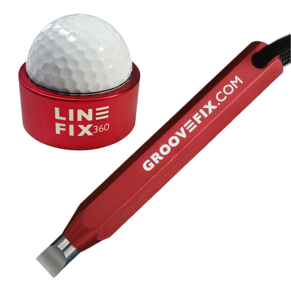 GrooveFix Groove Tool and Line Fix 360 Ball Marker Bundle Red Golf Accessory Set