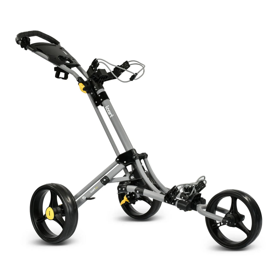 iCart Go 3-wheel golf push trolley in grey/black, shown unfolded