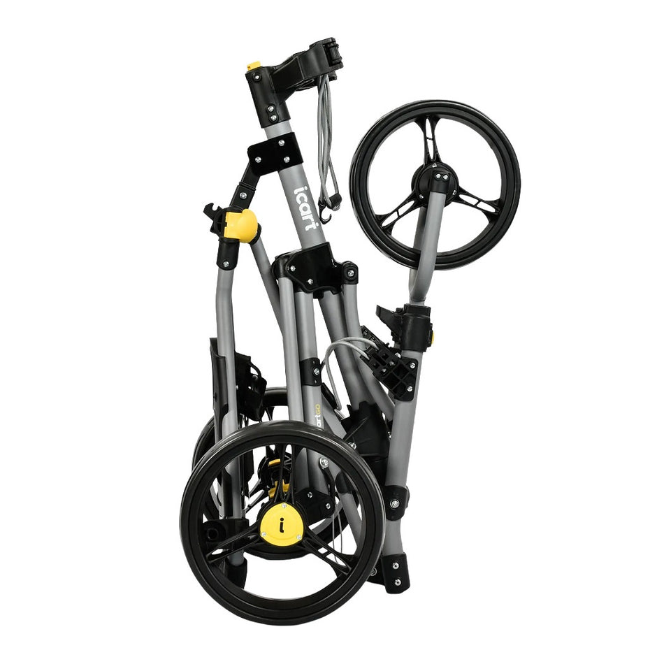 iCart Go in grey/black golf push trolley folded for storage