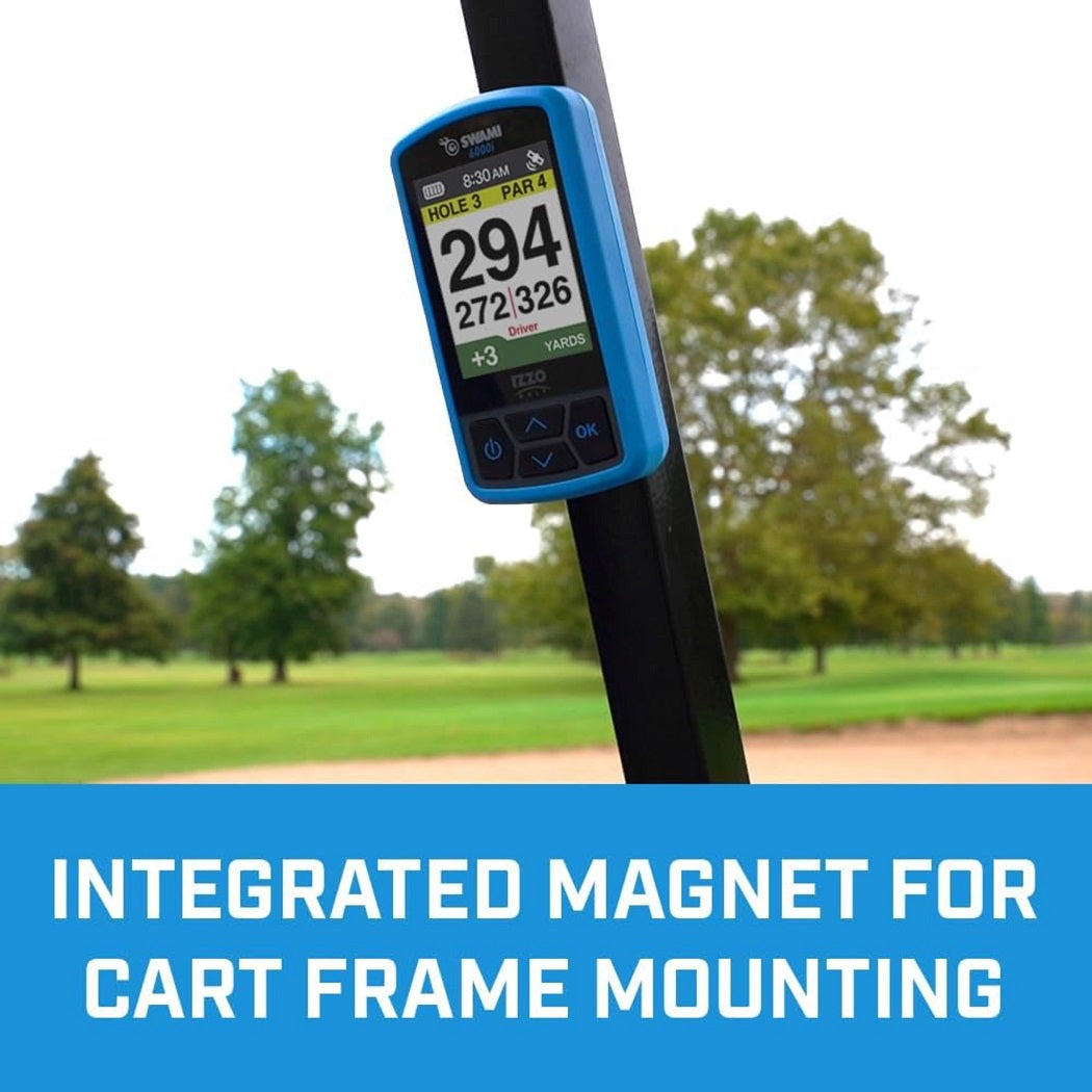 Izzo Swami 6000i Handheld GPS Rangefinder - Blue - showing the rangefinder`s magnetic mounting capability