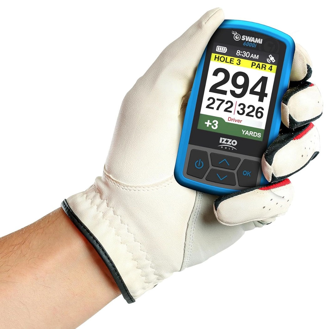 Izzo Swami 6000i Handheld GPS Rangefinder - Blue - showing how the rangefinder fits into your hand