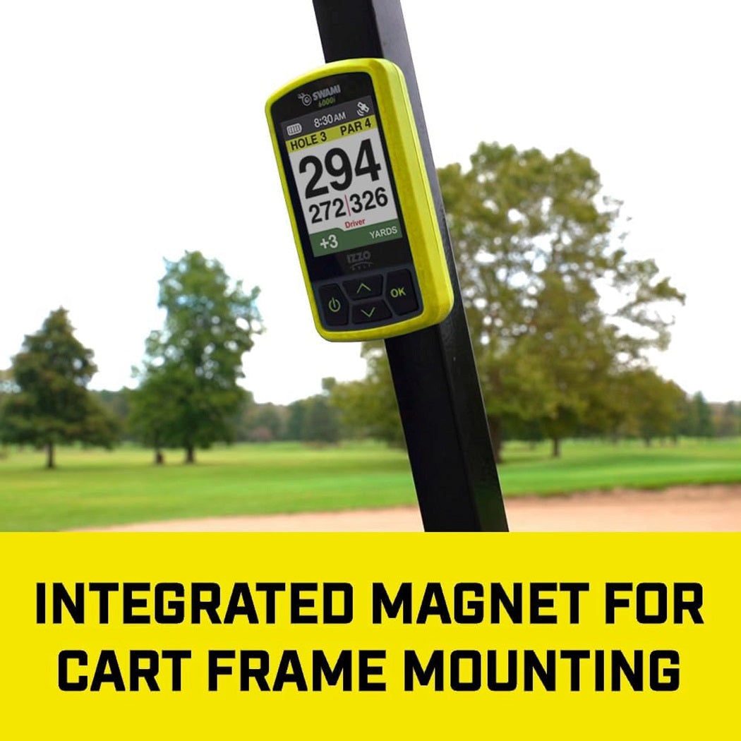 Izzo Swami 6000i Handheld GPS Rangefinder - Yellow - showing the rangefinder`s magnetic mounting capability