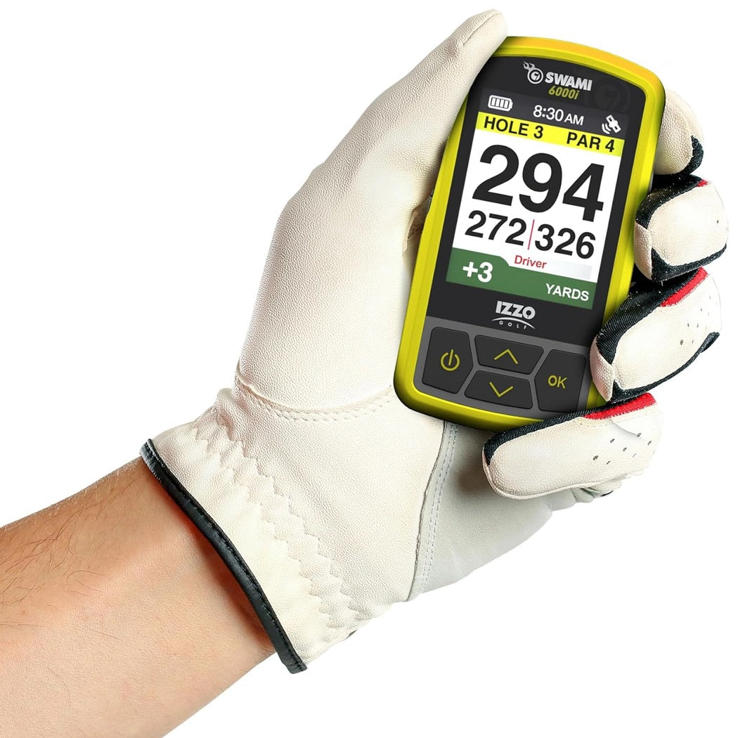 Izzo Swami 6000i Handheld GPS Rangefinder - Yellow - showing how the rangefinder fits into your hand