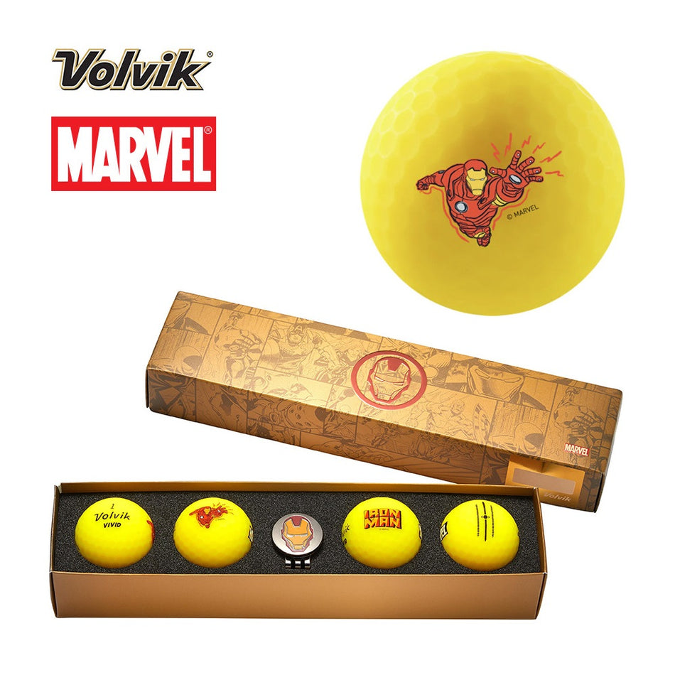Volvik VIVID Marvel 3.0 Golf Ball & Marker Gift Set - Iron Man - Pack of 4 Boxed