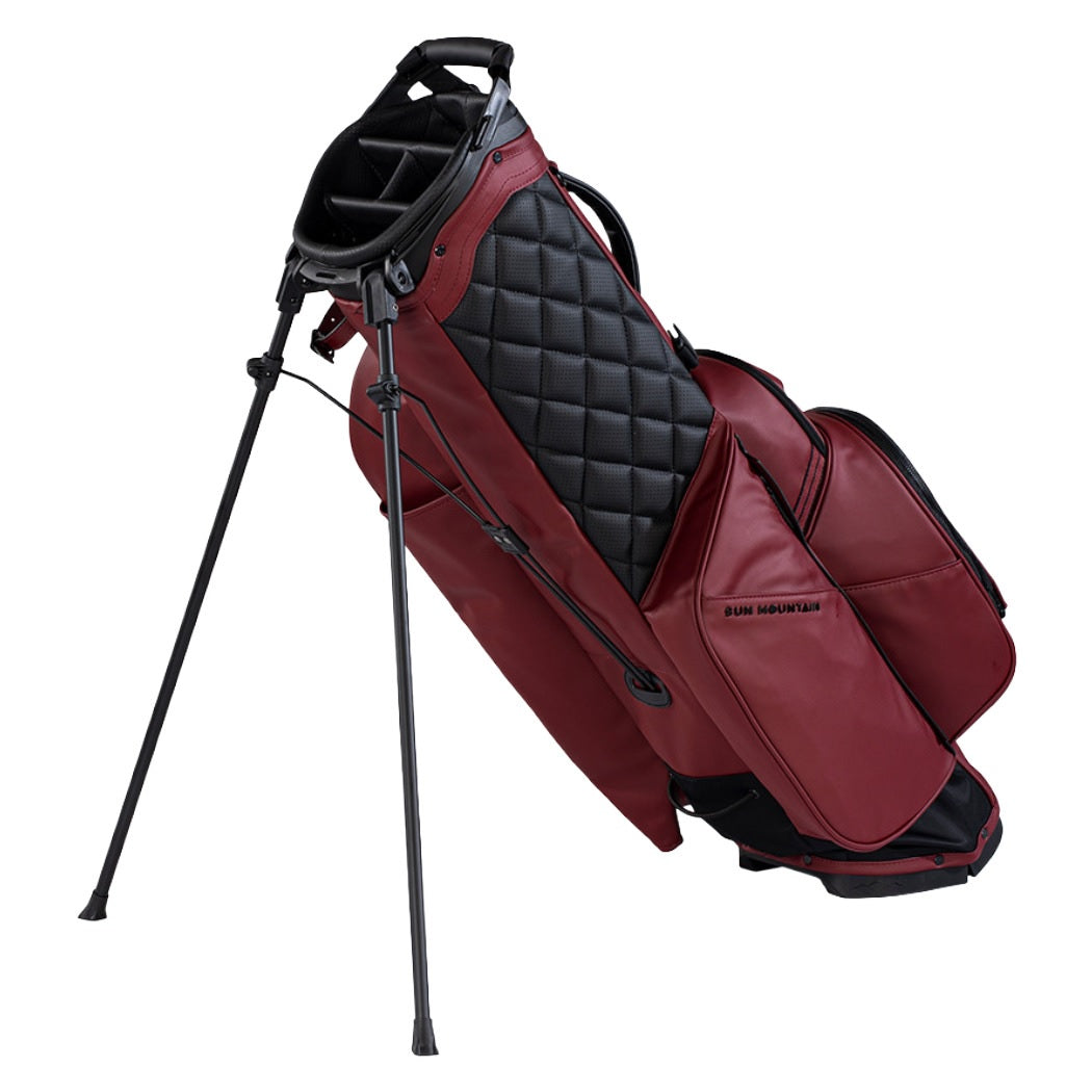 Sun Mountain Matchplay 4-Way Golf Stand Bag in Merlot, showing quilted hip pad and extended stand legs