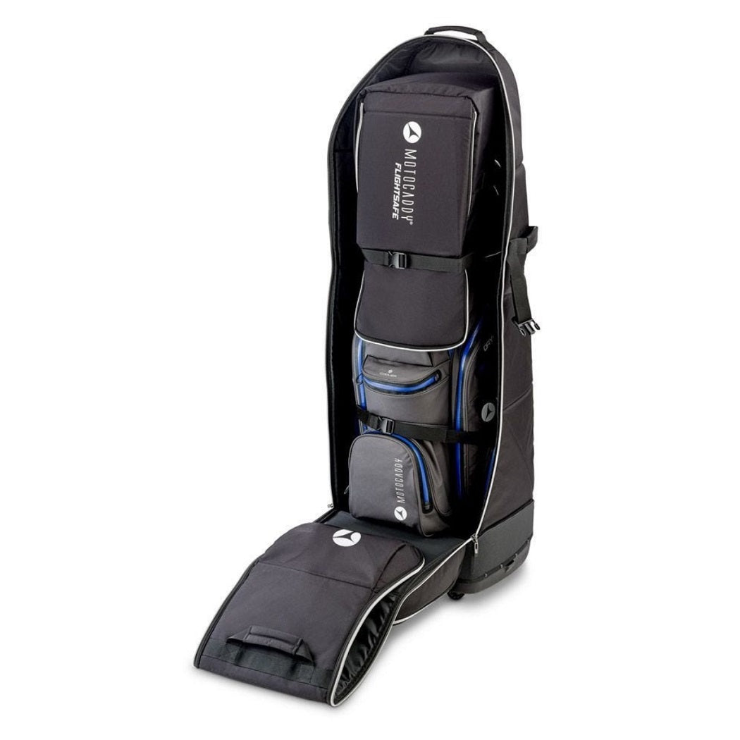 Motocaddy Flightsafe Flight Cover - shown with a golf bag and its protective straps