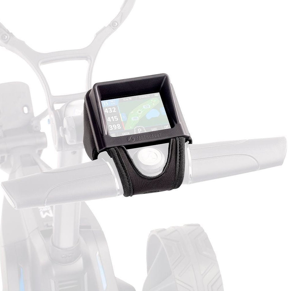 Genuine Motocaddy GPS Screen Guard Neoprene Protector shown fitted to trolley handle