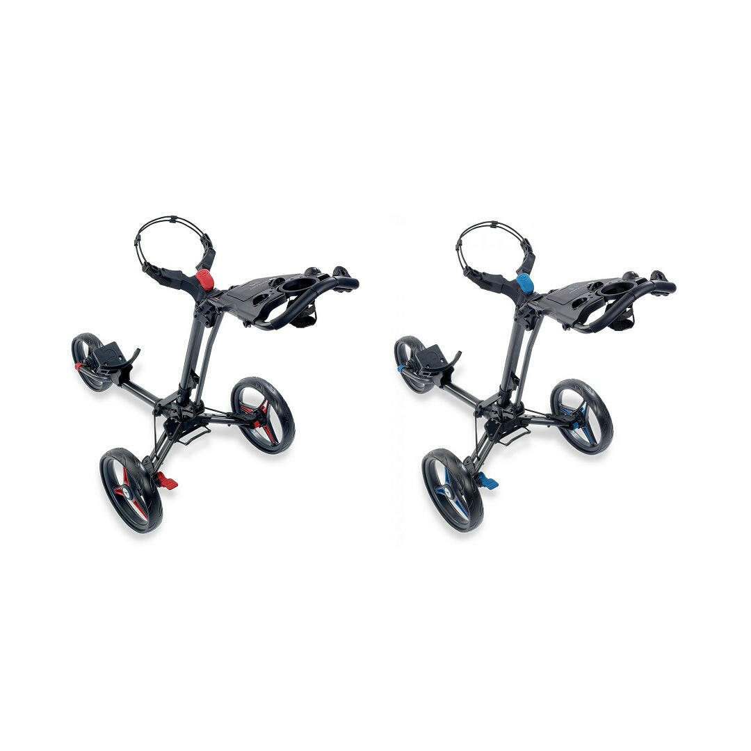 Motocaddy P1 3-wheel push golf trolleys in red and blue