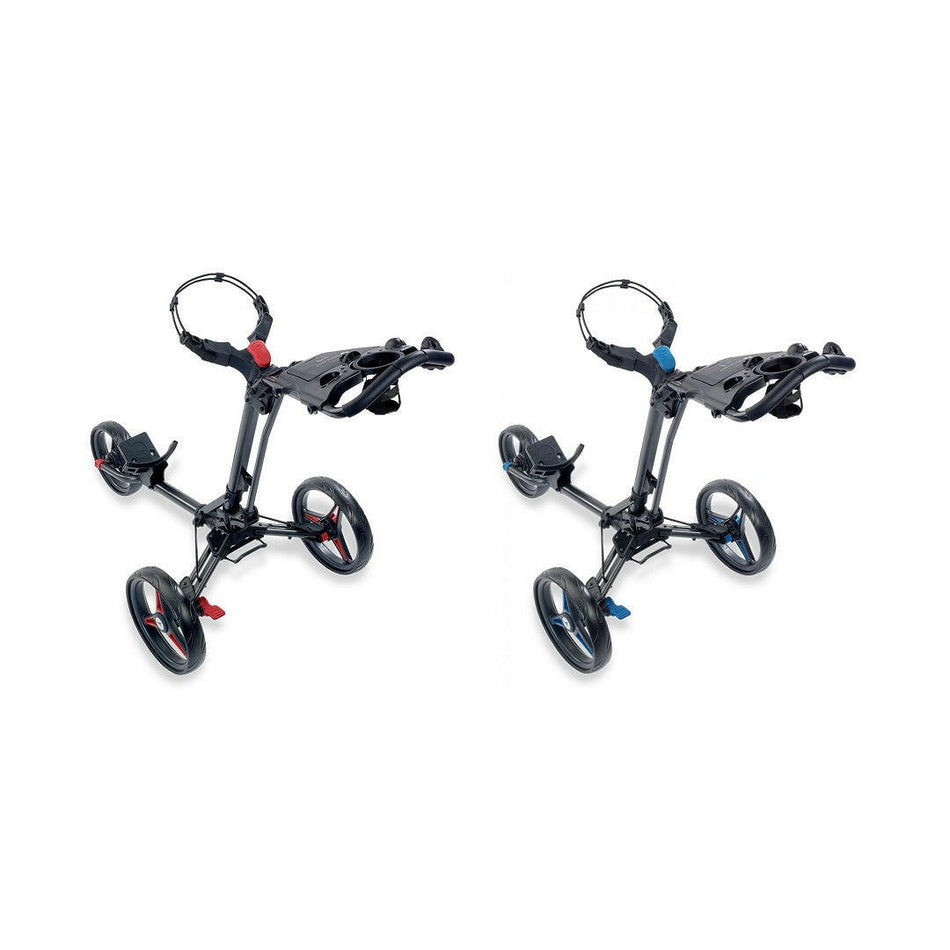 Motocaddy P1 3-wheel push golf trolleys in red and blue