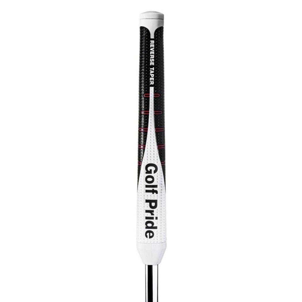 Golf club with white grip and Golf Pride branding on a white background