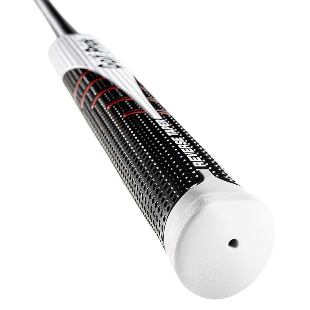 Close-up of a Golf Pride golf grip with a white head on a white background
