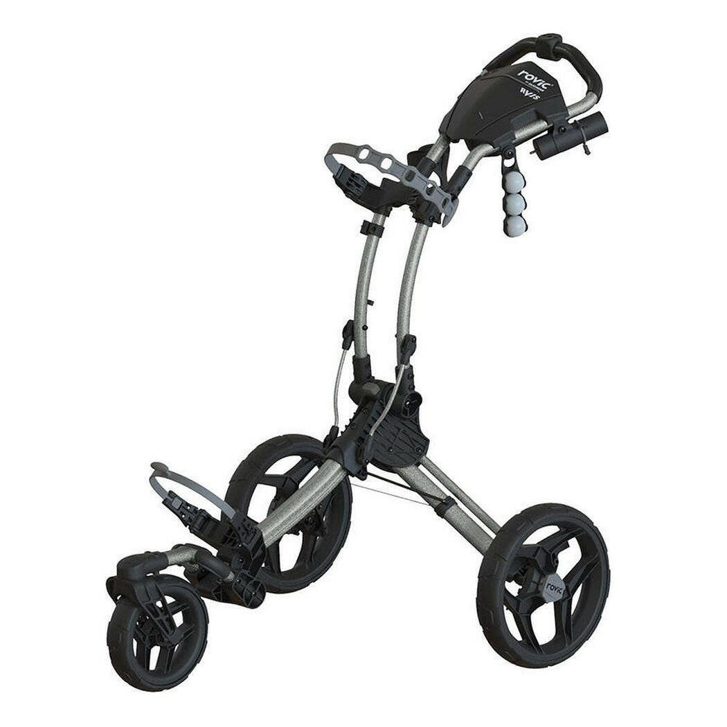 Rovic RV1S Swivel Push Golf Trolley (Silver/Black) - showing the 3-wheel trolley