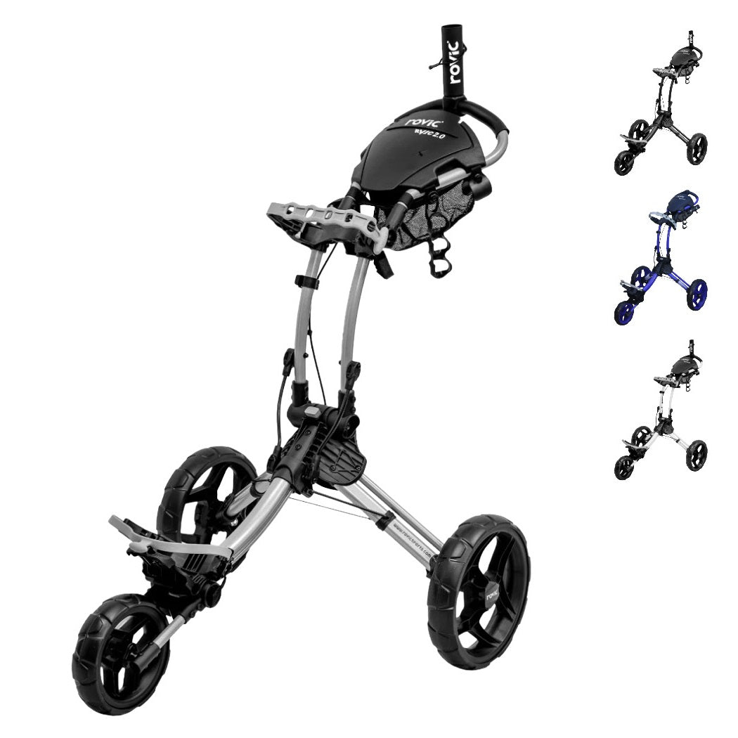 Rovic RV1C 2.0 Compact 3-Wheel Golf Push Trolley showing four colour options: main image in Silver/Black