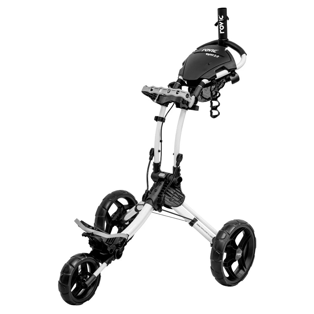 Rovic RV1C 2.0 Golf Push Trolley in Arctic/Black, unfolded front view