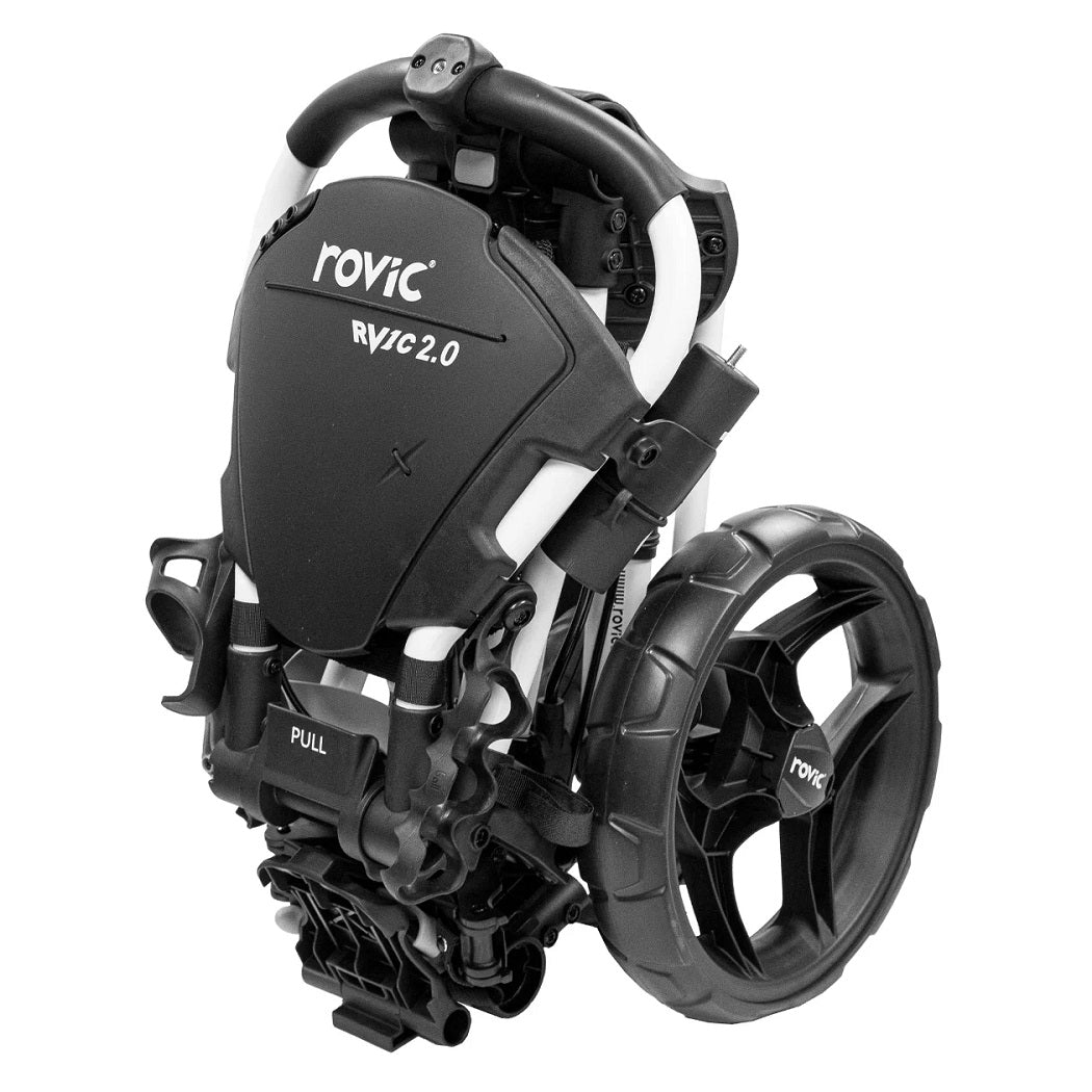 Rovic RV1C 2.0 Golf Trolley in Arctic/Black folded for storage