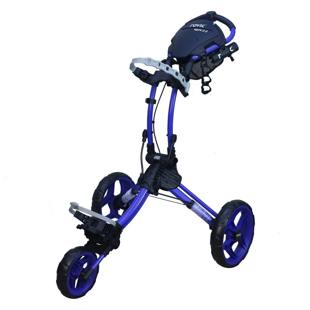 Rovic RV1C 2.0 Golf Push Trolley in Blue, unfolded front view