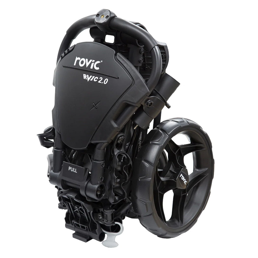 Rovic RV1C 2.0 Golf Trolley in Charcoal/Black folded for storage
