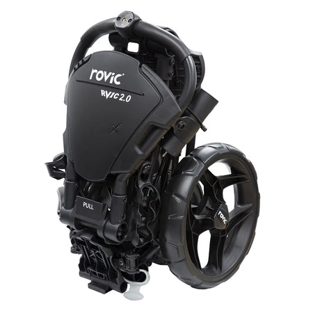 Rovic RV1C 2.0 Golf Trolley in Charcoal/Black folded for storage