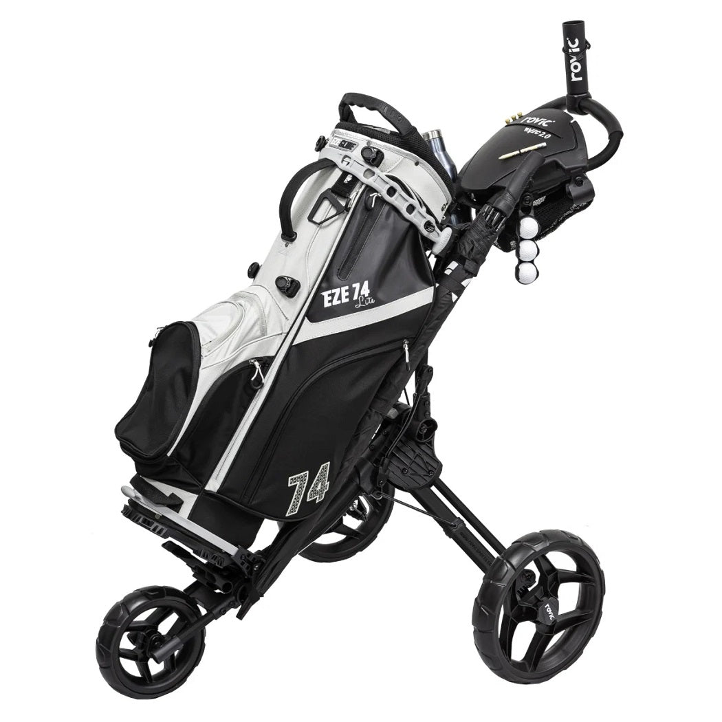 Rovic RV1C 2.0 Trolley in Charcoal/Black carrying a golf bag (golf bag not included)