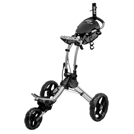 Rovic RV1C 2.0 Golf Push Trolley in Silver/Black, unfolded front view