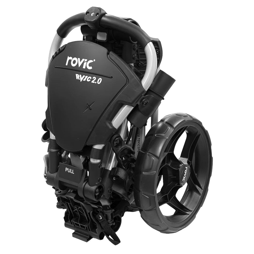 Rovic RV1C 2.0 Golf Trolley in Silver/Black folded for storage