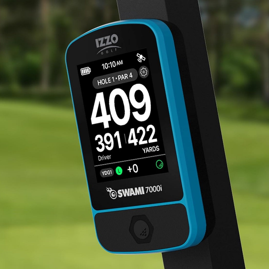 Izzo Swami 7000i Golf GPS Rangefinder - Blue - attached to trolley