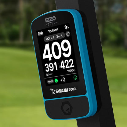 Izzo Swami 7000i Golf GPS Rangefinder - Blue - attached to trolley