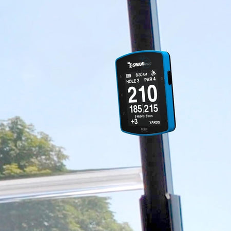 Izzo Swami Kiss 2.0 Golf GPS Rangefinder - Blue - shown attached to a trolley using the integrated magnets