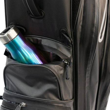 Close-up of the BagBoy Technowater Cart Bag zipped pockets with glove and bottle storage