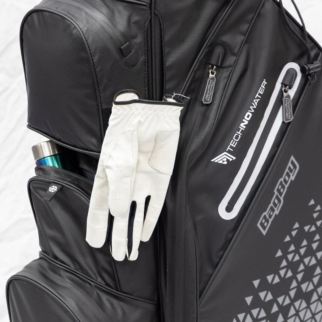 Close-up of a water bottle in the BagBoy Technowater Cart Bag pocket (bottle not included)