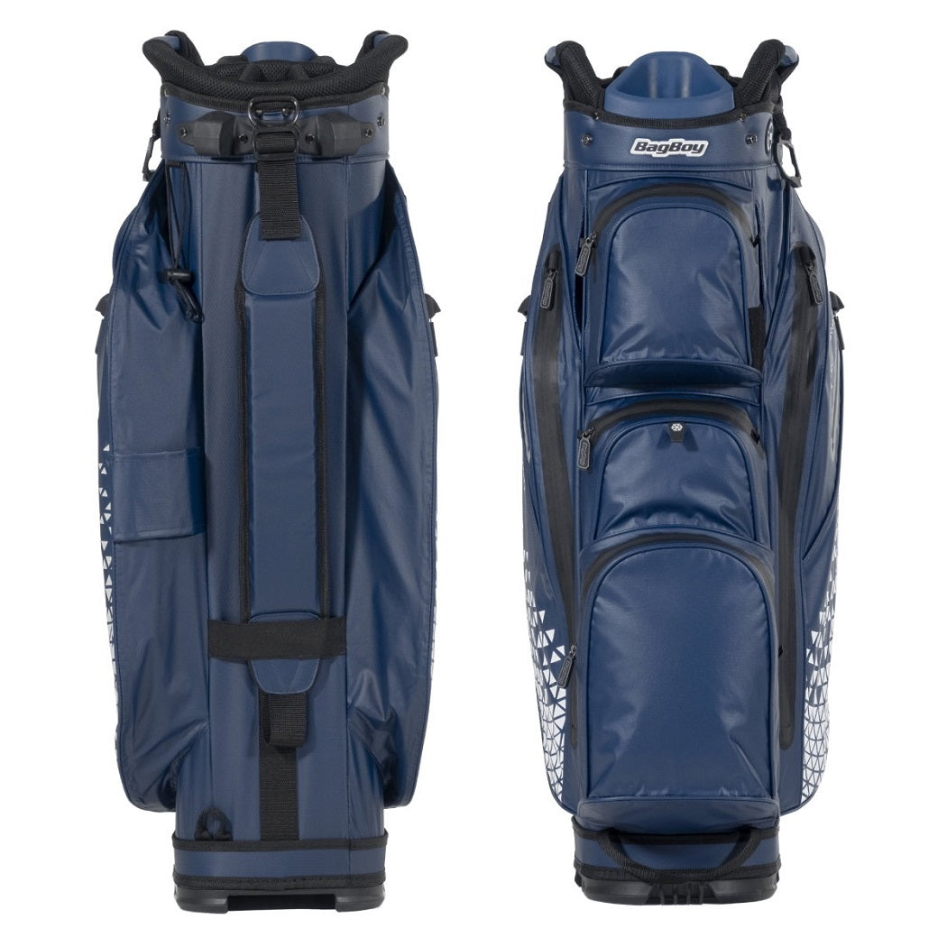 BagBoy Technowater Cart Bag in Navy, carry strap and pocket views
