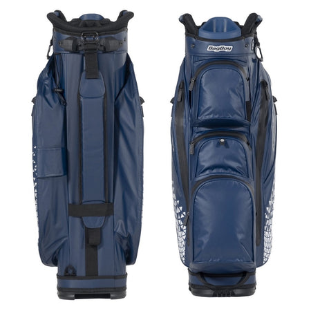 BagBoy Technowater Cart Bag in Navy, carry strap and pocket views
