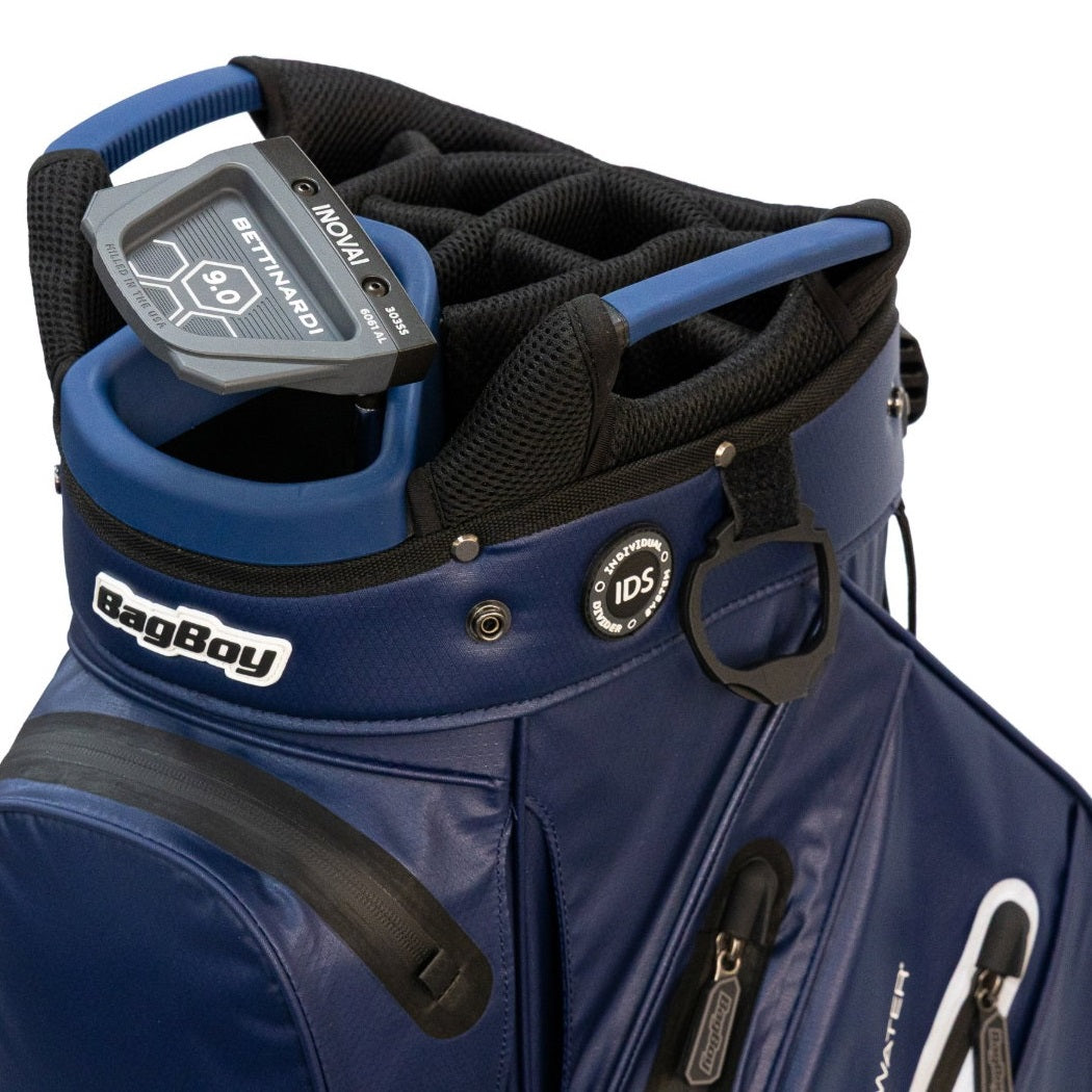 Close-up of the BagBoy Technowater Cart Bag in Navy, top with oversized putter well and IDS badge