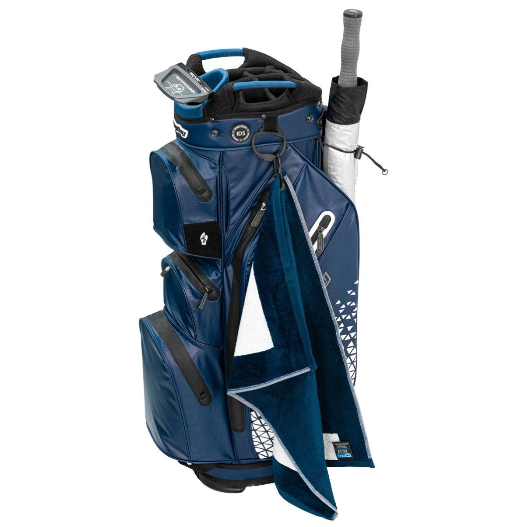 BagBoy Technowater Cart Bag in Navy with rain hood open and umbrella holder in use (towel and umbrella not included)