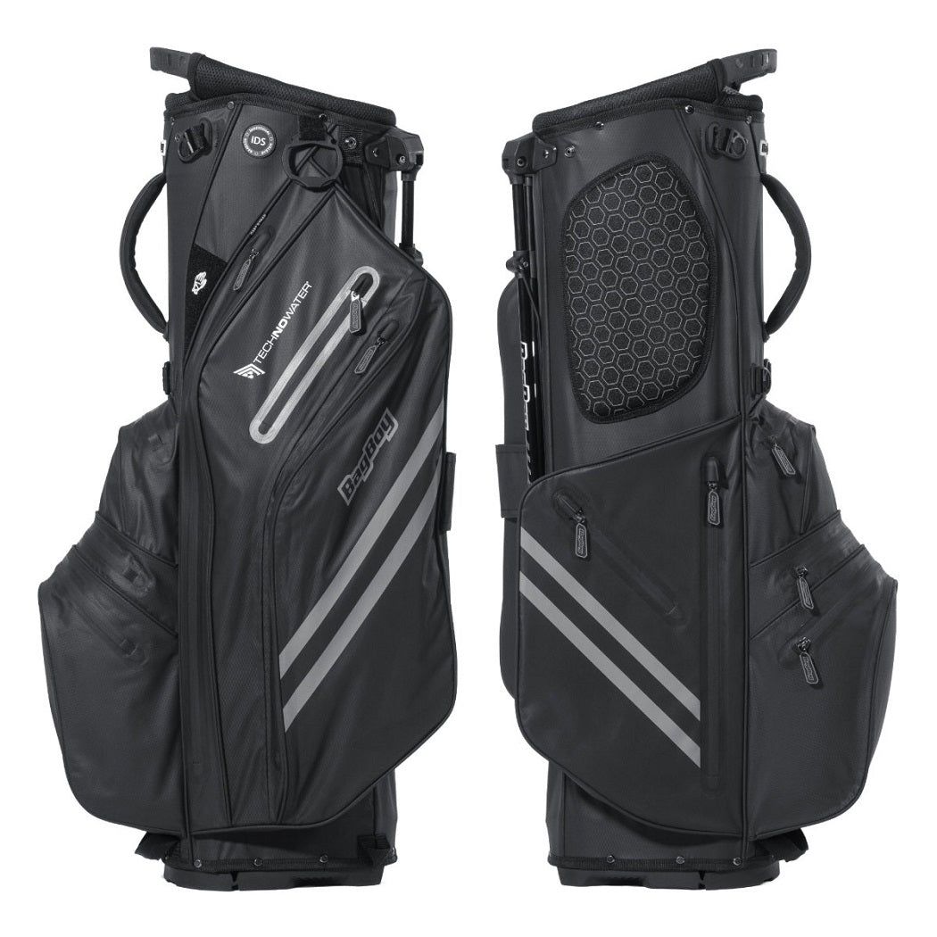 BagBoy Technowater Hybrid Stand Bag in Black, pocket side and padded hip panel views
