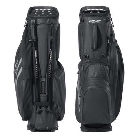 BagBoy Technowater Hybrid Stand Bag in Black, stand leg and ball pocket views