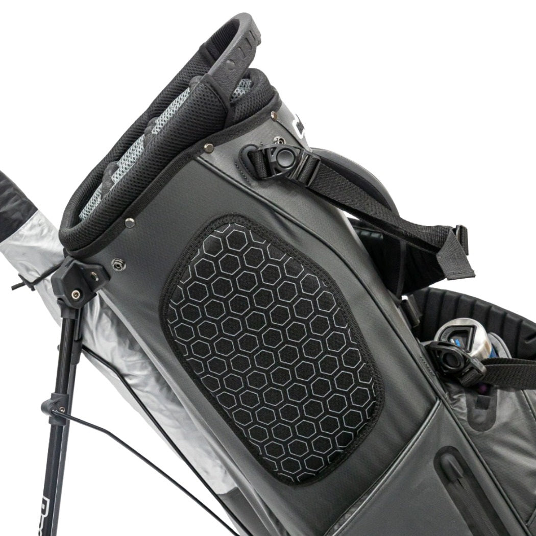Close-up of the BagBoy Technowater Stand Bag padded hip pad and shoulder strap