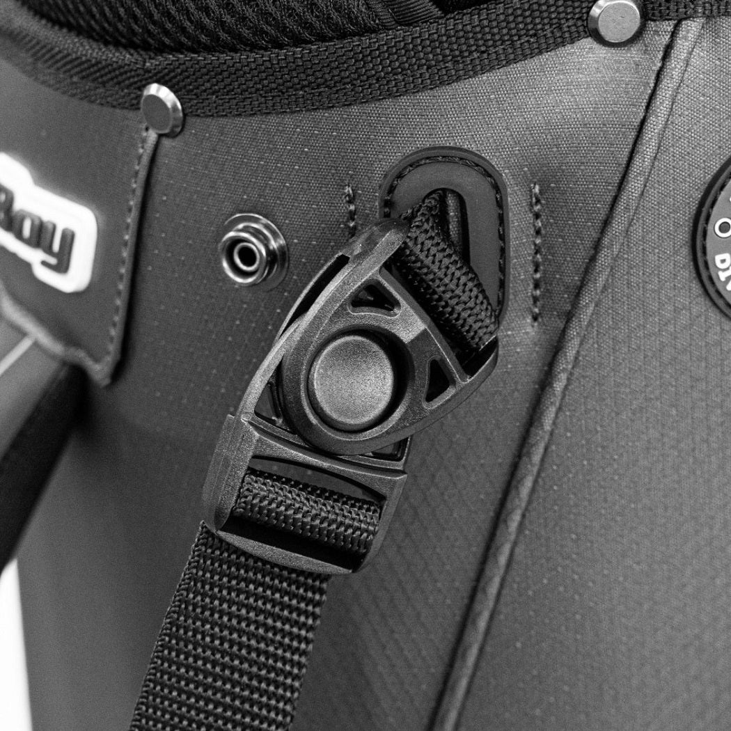 Close-up of the BagBoy Technowater Stand Bag padded hip pad and shoulder strap