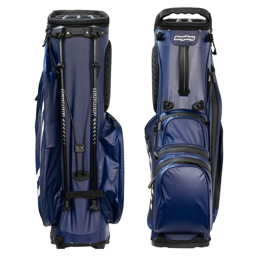 BagBoy Technowater Hybrid Stand Bag in Navy, stand leg and ball pocket views
